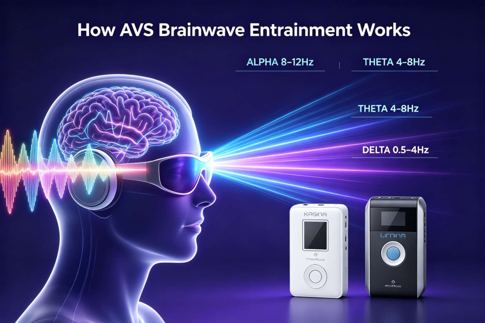 Brainwave entrainment infographic explaining how AVS light and sound mind machines work