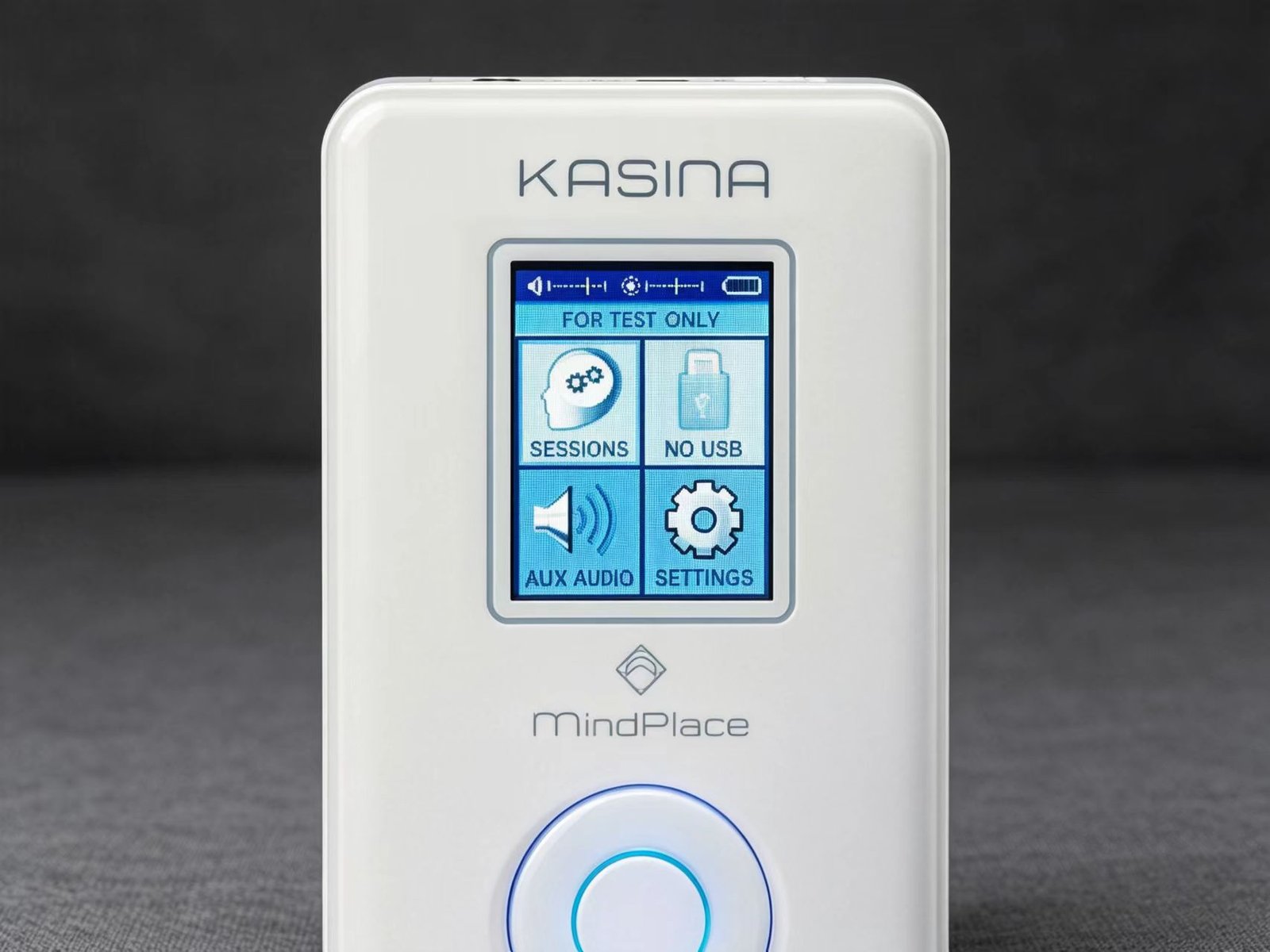Close-up of MindPlace Kasina control unit color LCD menu screen and physical navigation buttons