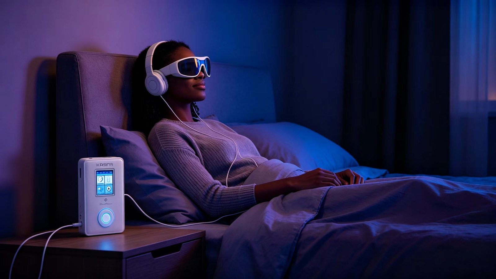 User relaxing in dim room wearing GanzFrame light glasses and earphones with Kasina AVS mind machine