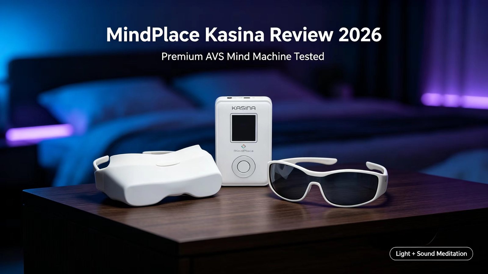 MindPlace Kasina review - host unit plus GanzFrame light glasses, earphones and storage case desktop product shot