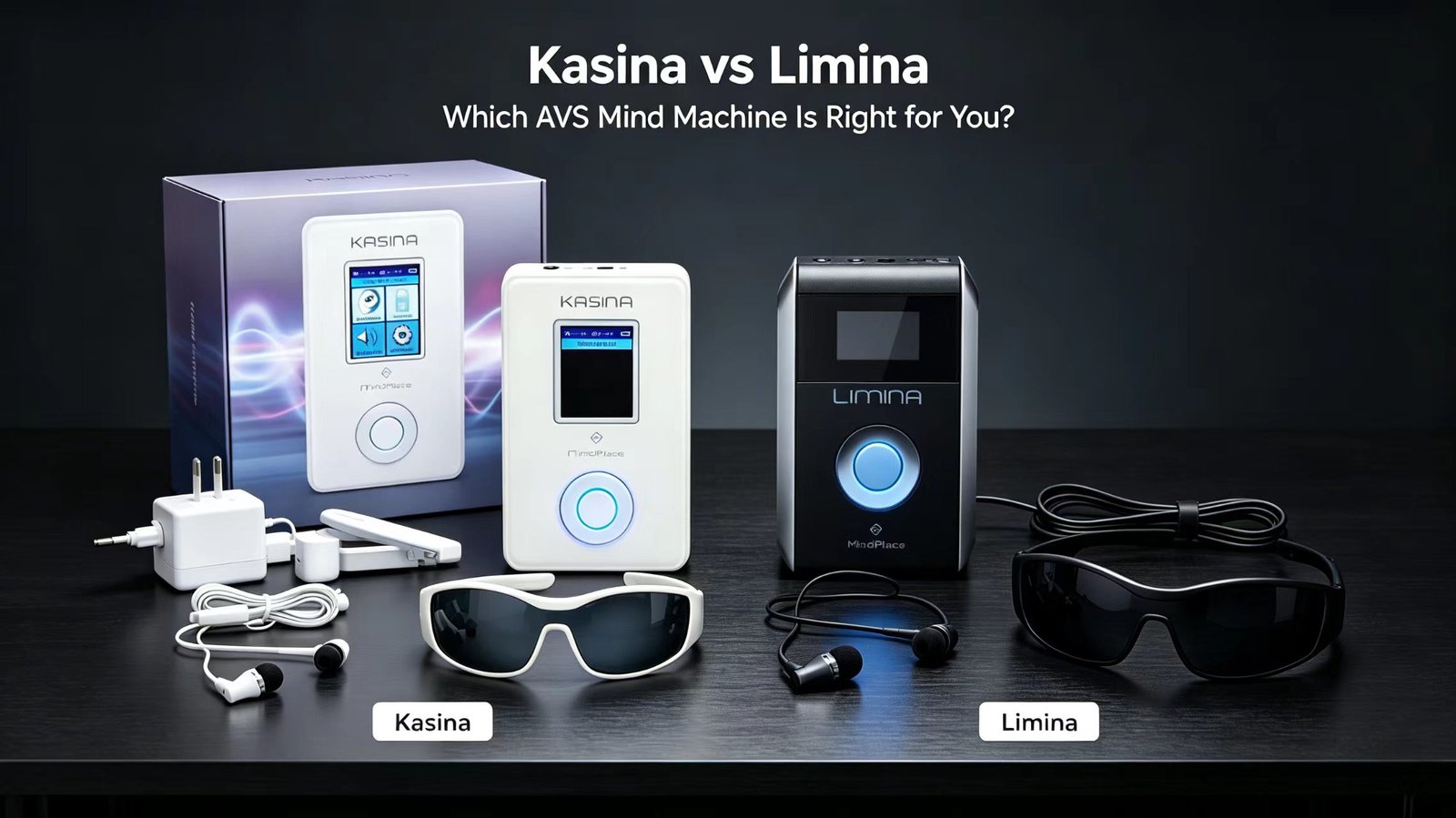 MindPlace Kasina vs Limina side-by-side hardware comparison of AVS mind machine complete kits